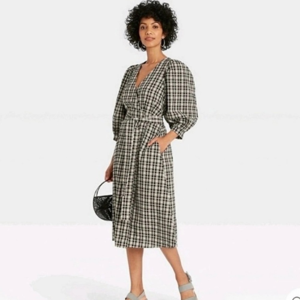 A New Day 3/4 Puffy Sleeve Wrap Dress | Checkered Black & White Dress